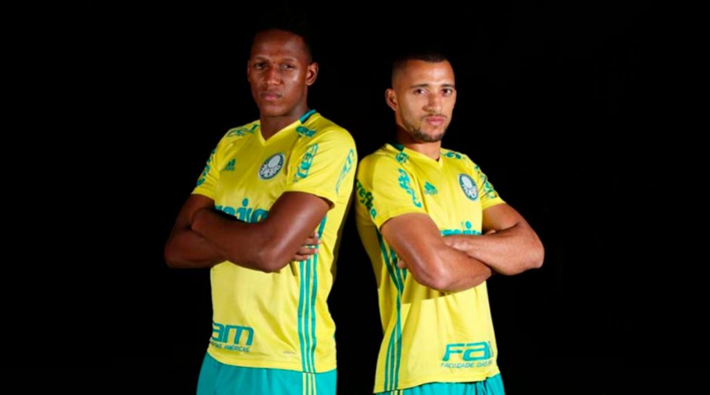 Yerry Mina e Victor Hugo em ensaio fotográfico para a comunicação palmeirense (Reprodução: Palmeiras)