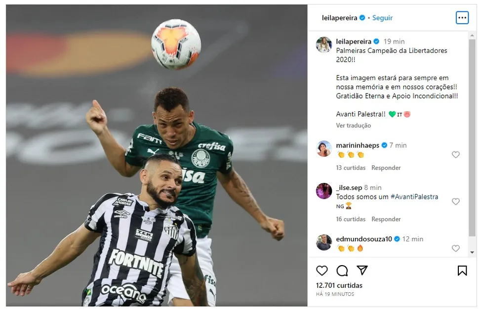 Leila Pereira publica post em apoio a Breno Lopes, do Palmeiras — Foto: Reprodução

