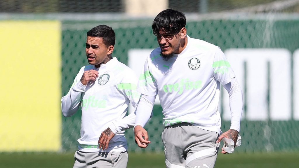 Os jogadores Dudu e Gustavo Gómez (D), da SE Palmeiras, durante treinamento, na Academia de Futebol. Foto: Cesar Greco