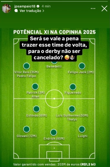 JP Sampaio, diretor do Palmeiras, responde Corinthians. Foto: Reprodução Instagram