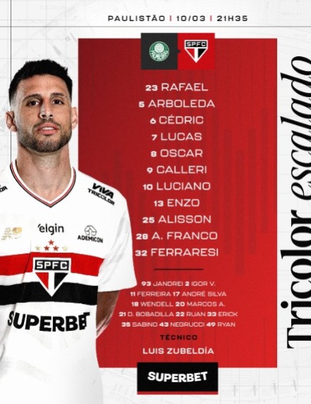Escalação confirmada do São Paulo